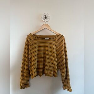 American Eagle Yellow Striped Raw Hem Crop Sweatshirt